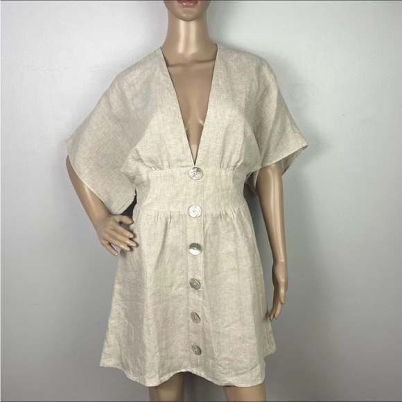 NEW REFORMATION BEIGE LINEN MINI DRESS - Picture 2 of 8